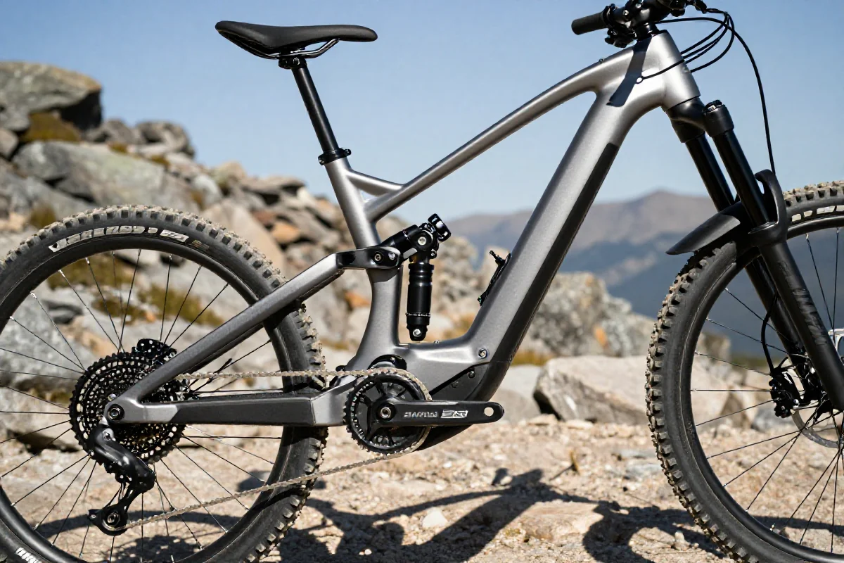 Zaawansowany rower elektryczny enduro w górskim krajobrazie, ukazujący detale ramy i zawieszenia.