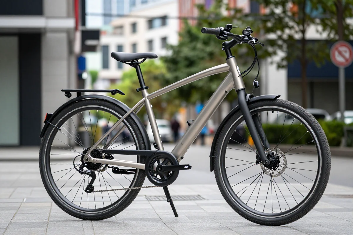 Miejski rower elektryczny z lekką ramą i zintegrowanym oświetleniem LED.