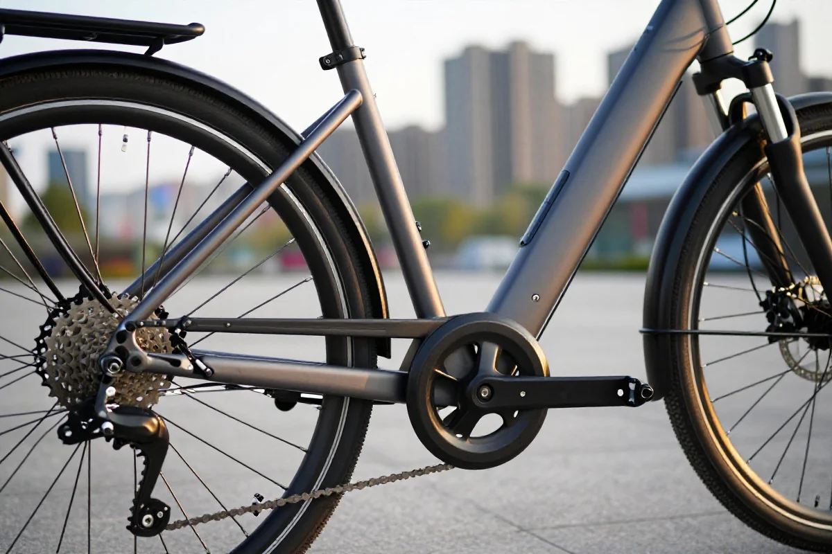 Nowoczesny e-bike miejski z automatyczną przekładnią w miejskim krajobrazie.