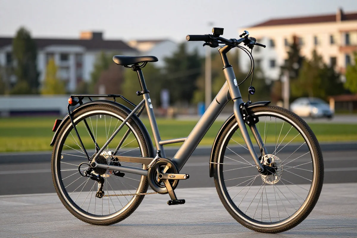 Klasyczny e-bike miejski z ramą step-through w scenerii miejskiej.