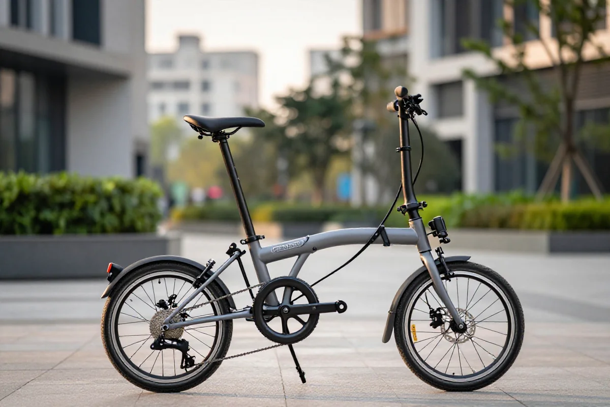 Składany rower elektryczny w miejskim otoczeniu, idealny do transportu publicznego.