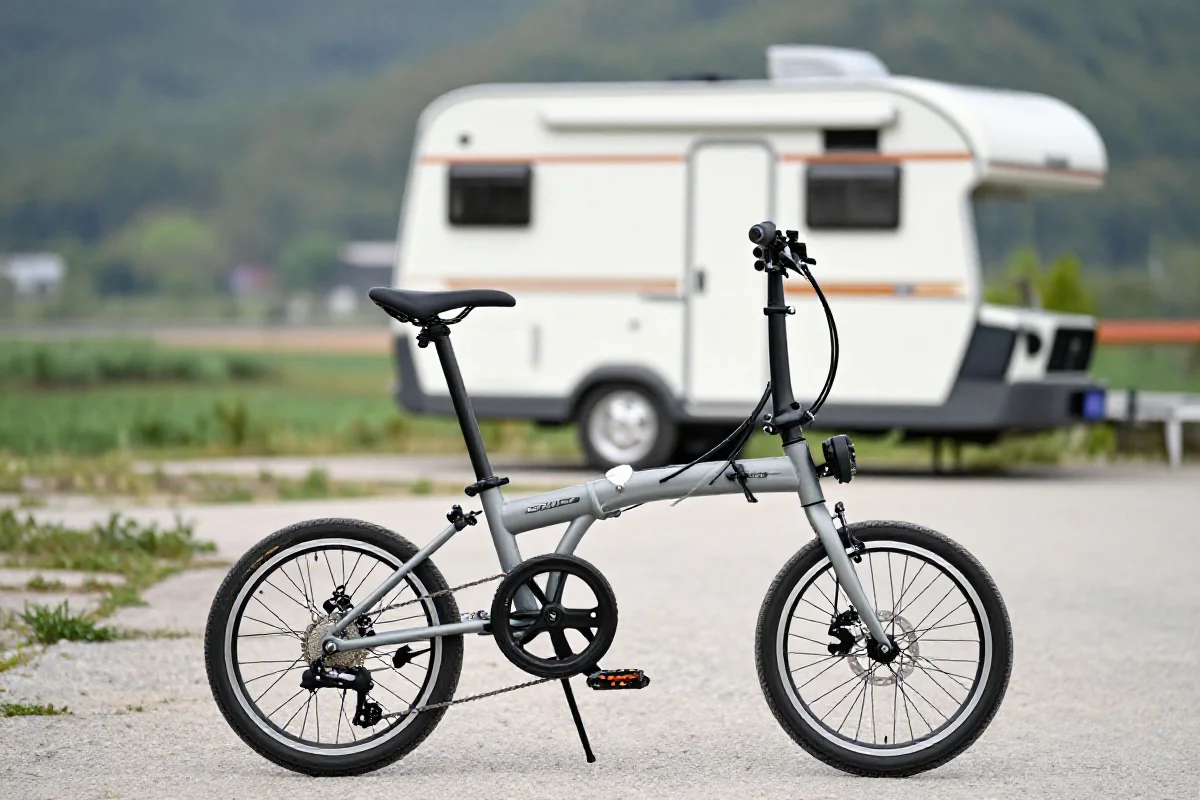 Składany rower elektryczny idealny do kampera, w plenerze, z widokiem na camping.