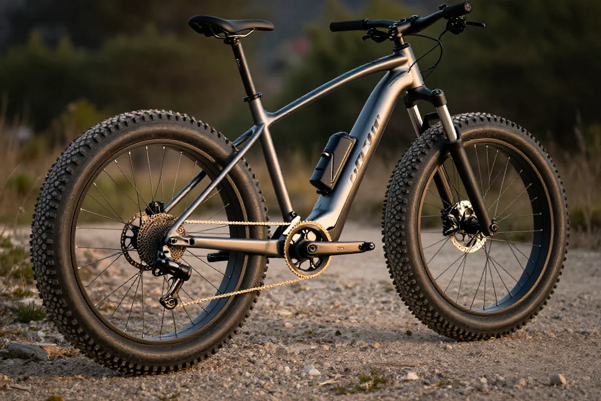 Fatbike elektryczny na trudnym terenie, idealny do jazdy w ekstremalnych warunkach.