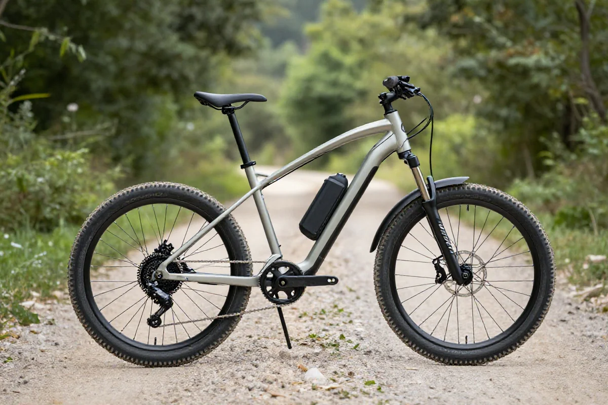 Klasyczny e-bike trekkingowy na malowniczej drodze wśród zieleni