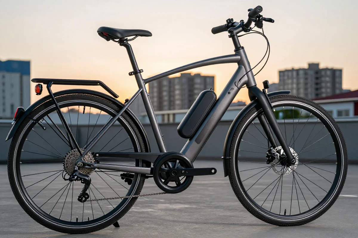 Nowoczesny rower elektryczny na tle miasta, porównanie e-bike'a i samochodu.