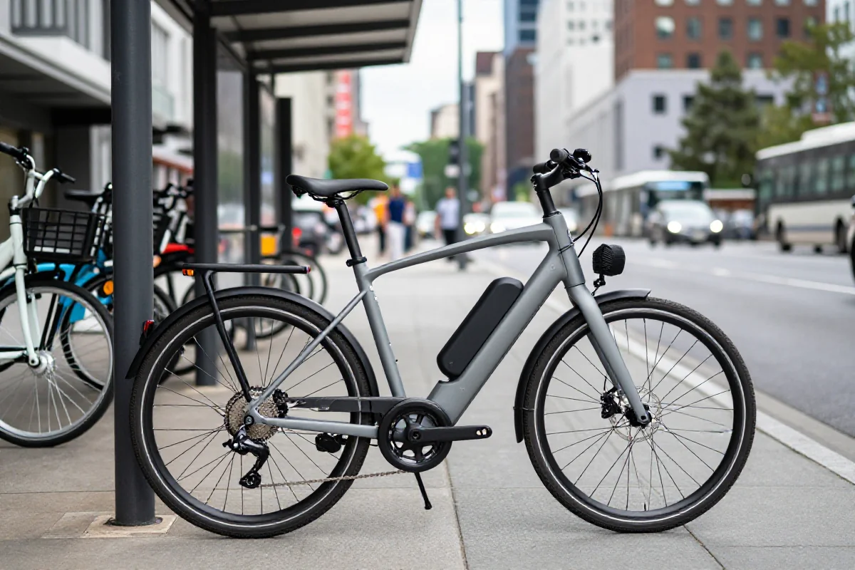 Nowoczesny rower elektryczny obok przystanku autobusowego w mieście.