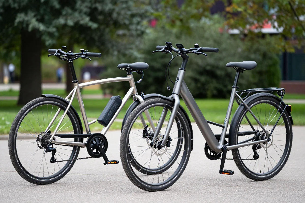 Porównanie dwóch rowerów elektrycznych: tańszy i droższy model.