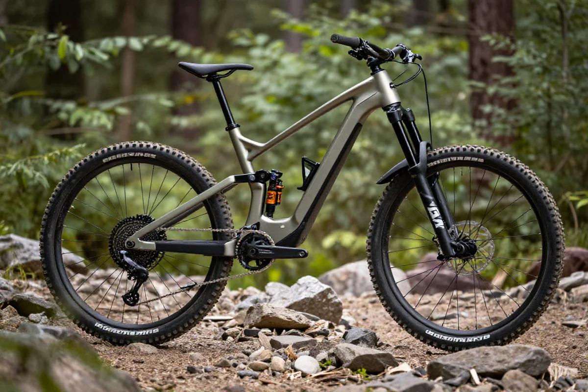 Elektryczny rower enduro na kamienistej trasie w lesie