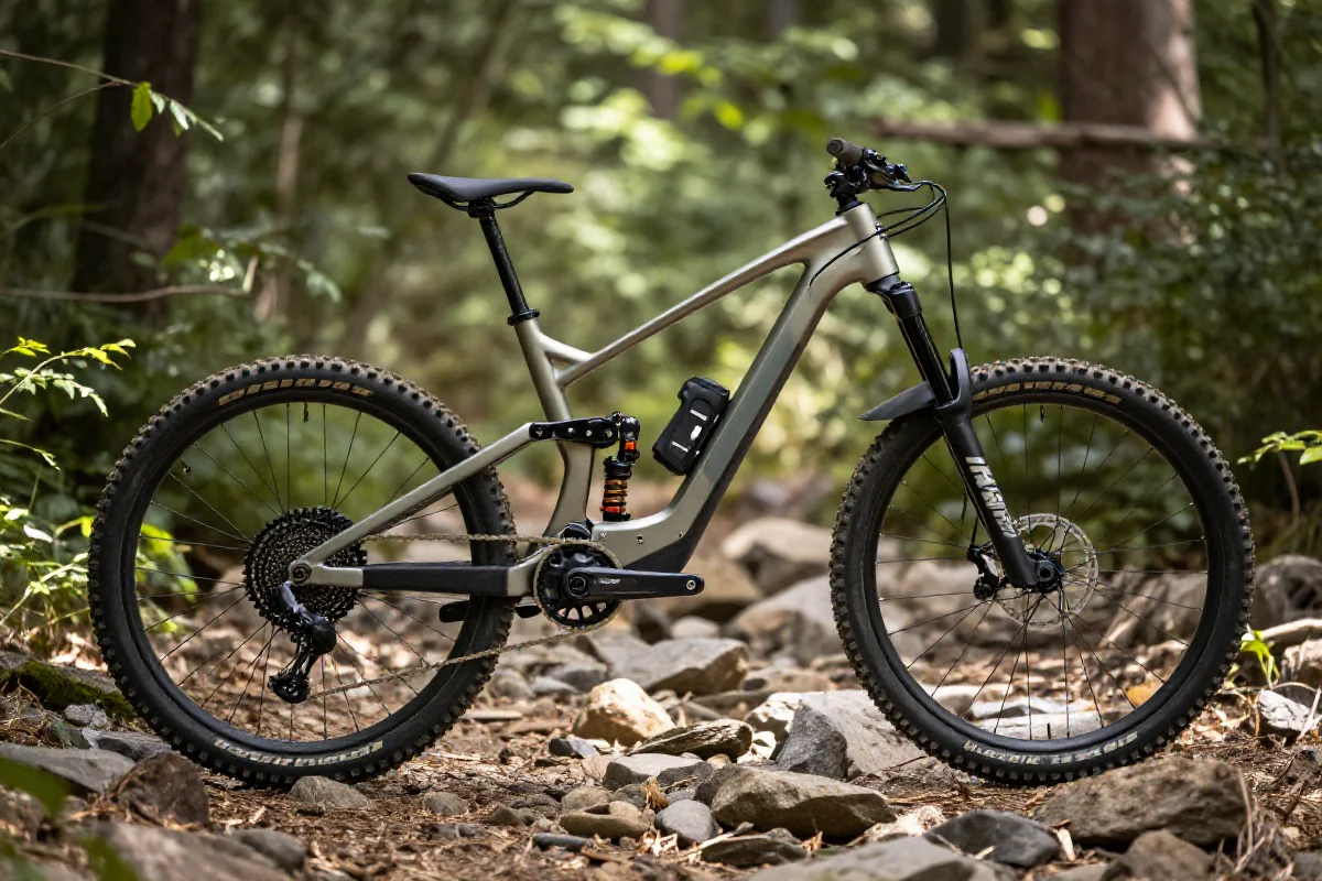 Elektryczny rower enduro na szlaku, podkreślający jego techniczne detale.