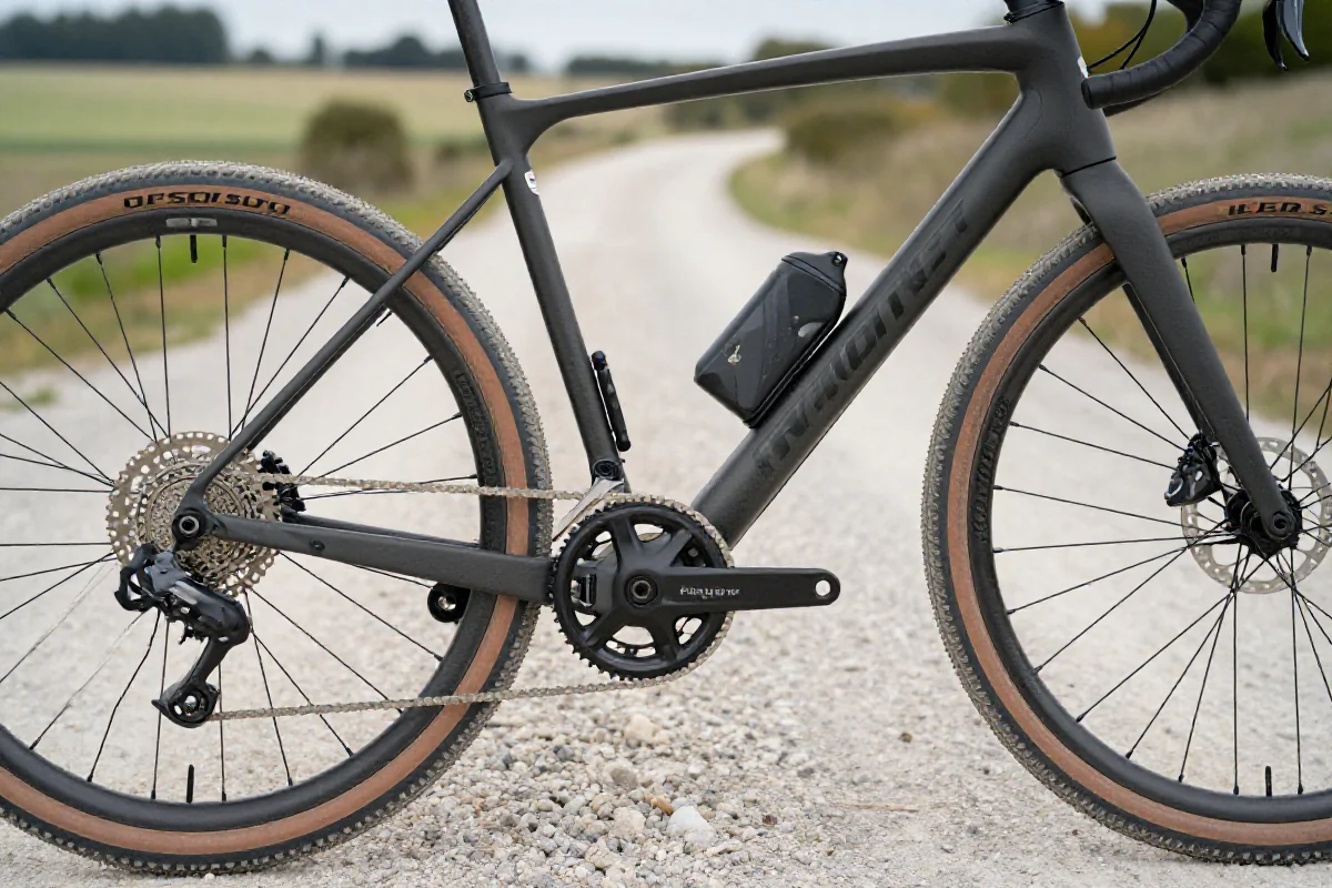 E-gravel rower z lekką ramą, elektrycznym napędem i szerokimi oponami.