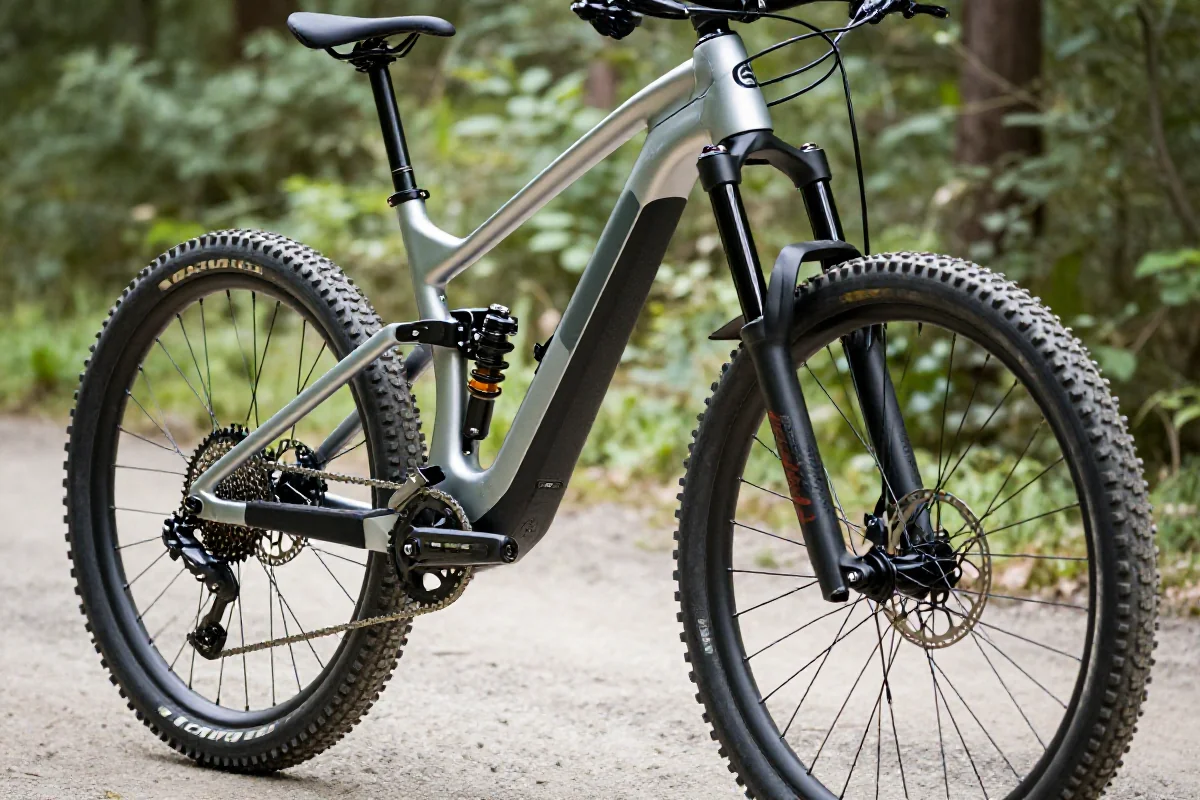 Nowoczesny rower e-MTB hardtail na lekkiej trasie leśnej.