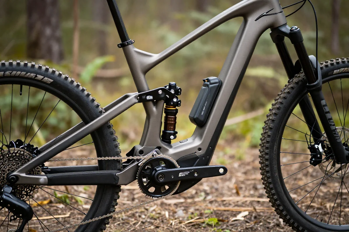 Elektryczny rower górski z wzmocnioną ramą i zintegrowanym silnikiem.