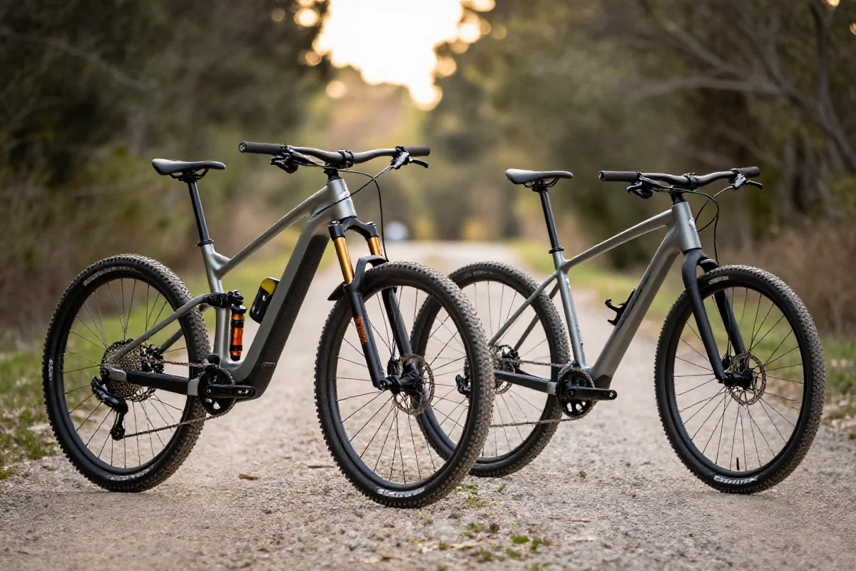 Porównanie elektrycznego roweru górskiego i gravelowego w naturalnym otoczeniu.