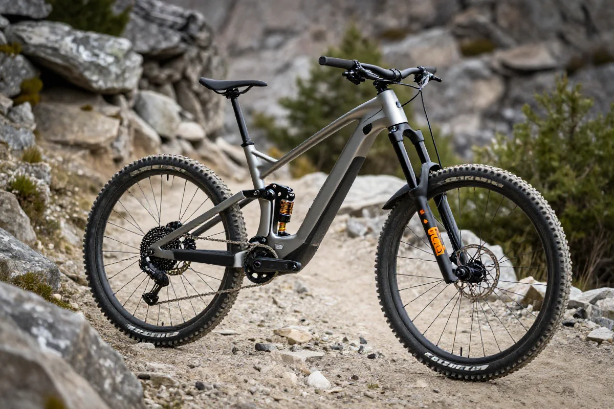 Elektryczny rower górski z pełnym zawieszeniem na górskim szlaku