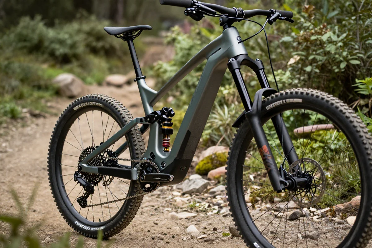 Elektryczny rower górski na szlaku, podkreślający nowoczesną geometrię ramy.