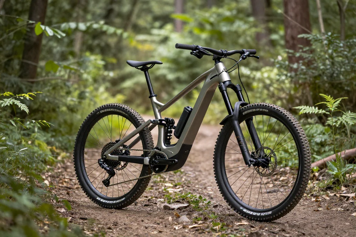 Elektryczny rower górski na leśnym szlaku, idealny do jazdy terenowej.