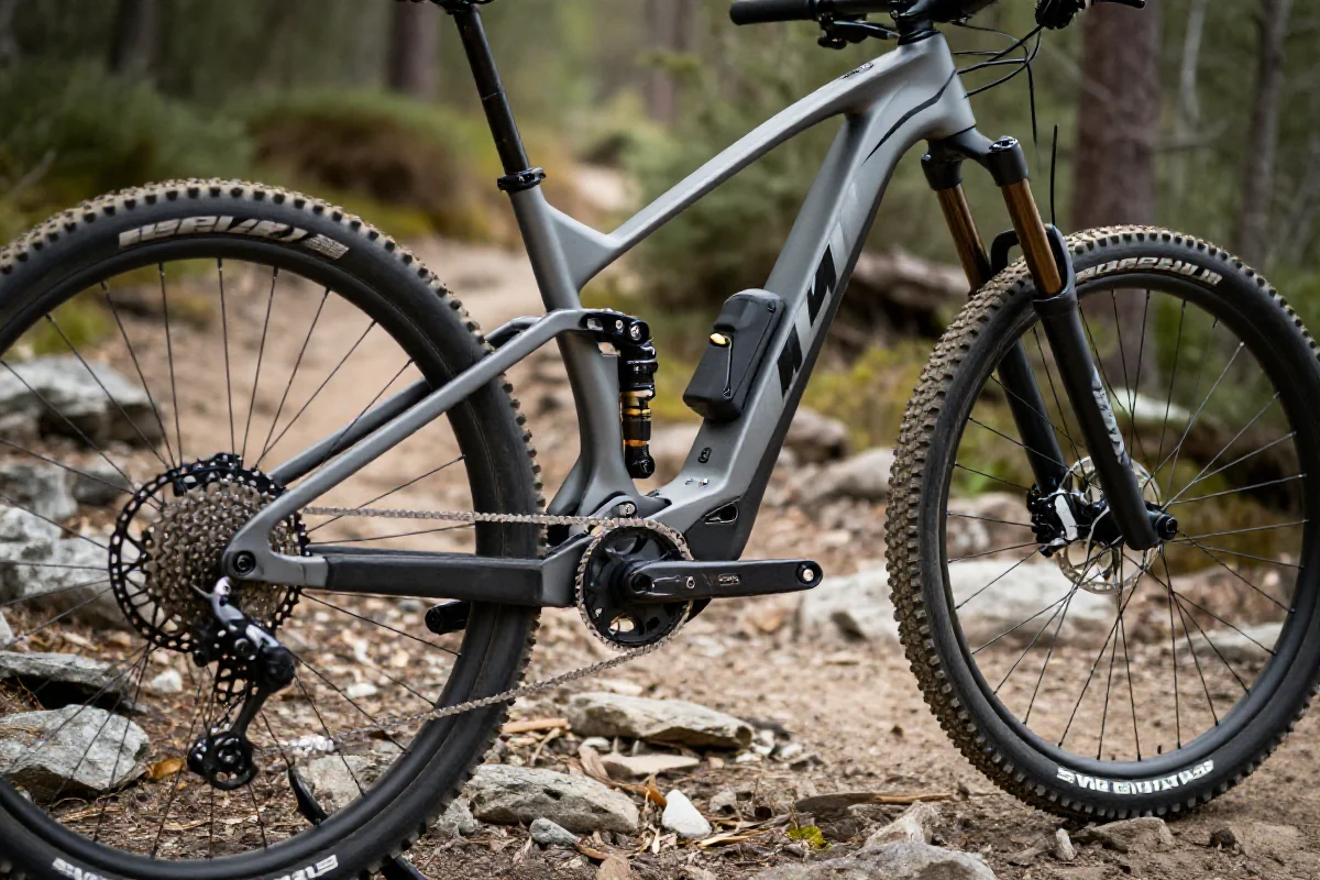 Nowoczesny elektryczny rower górski XC na szlaku w lesie