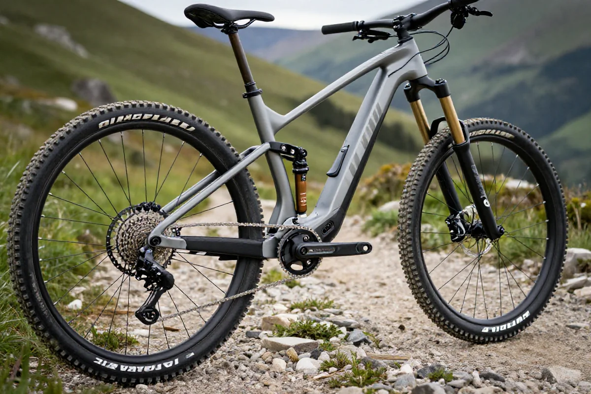 Elektryczny rower górski e-Trail na górskim szlaku, detale techniczne i koła 29 cali.