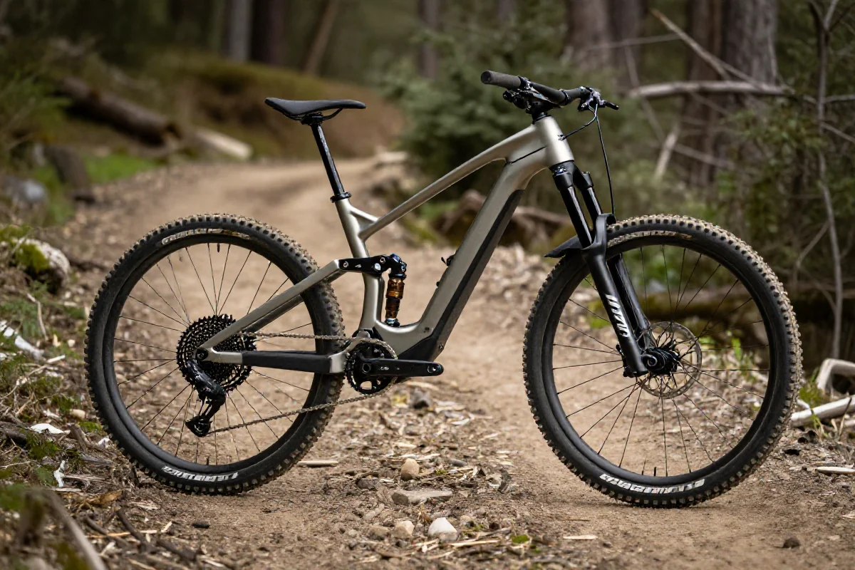 Elektryczny rower górski cross-country na szlaku w lesie