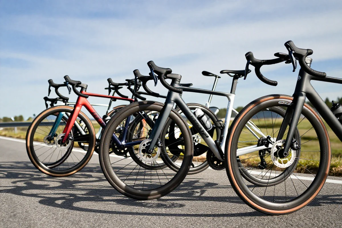 Rowerzy w formacji echelon na drodze, pokazujący aerodynamikę rowerów.