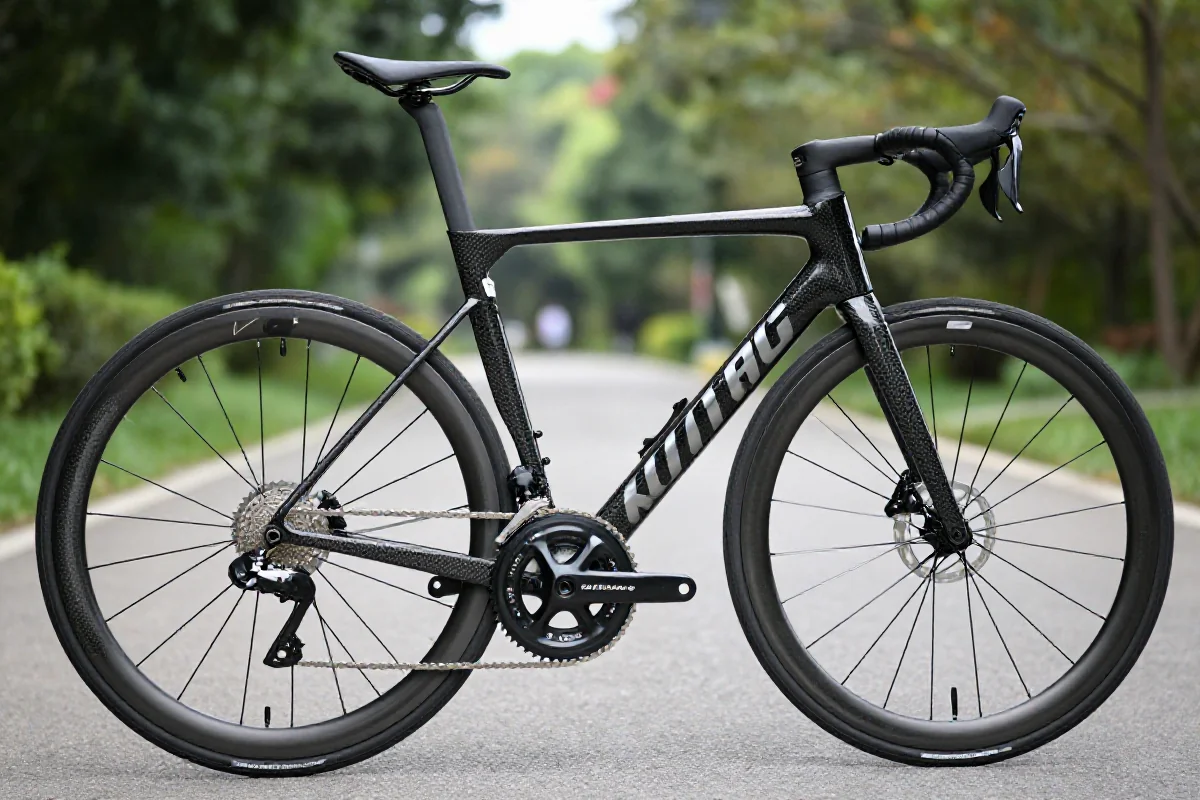 Szczegółowy widok na ramę roweru szosowego z włókna węglowego.