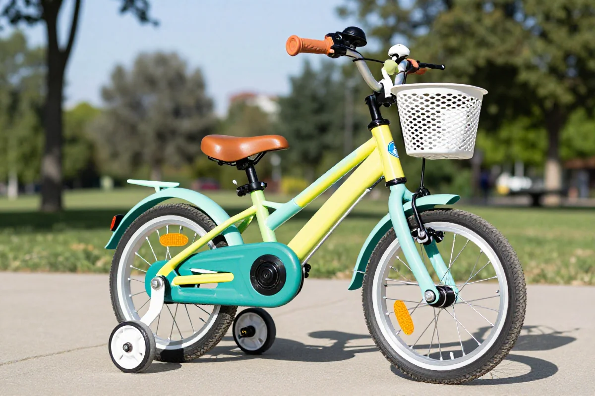 Dziecięcy rower z elementami bezpieczeństwa na chodniku w parku.