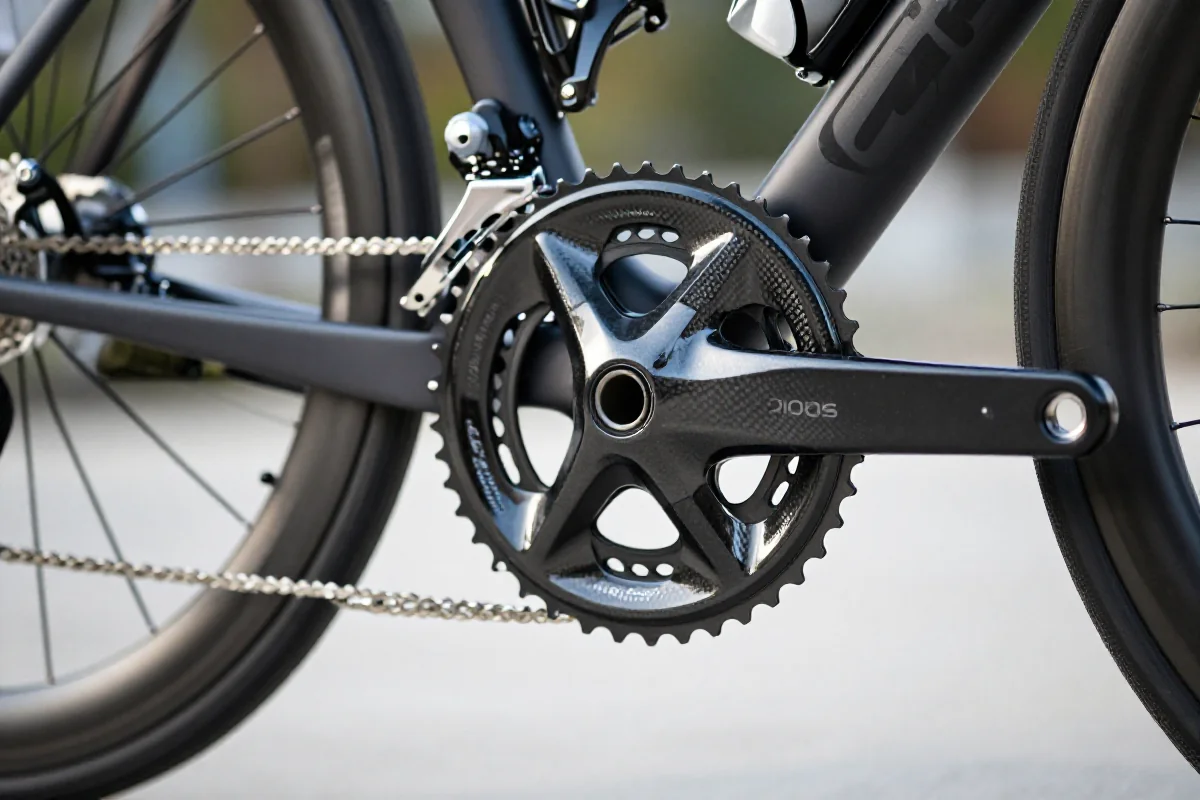 Szczegóły pedału i korby roweru szosowego, efektywność pedałowania.