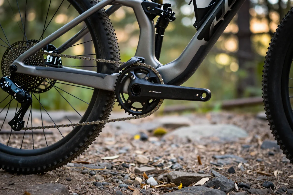 Blisko zdjęcie pedałów roweru górskiego ilustrujące efektywny transfer mocy.
