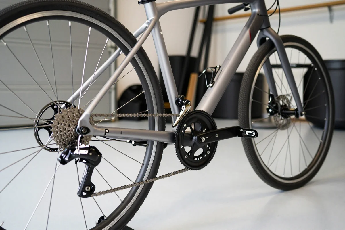 Czysty rower miejski w garażu, pokazujący komponenty i szczegóły konserwacji.