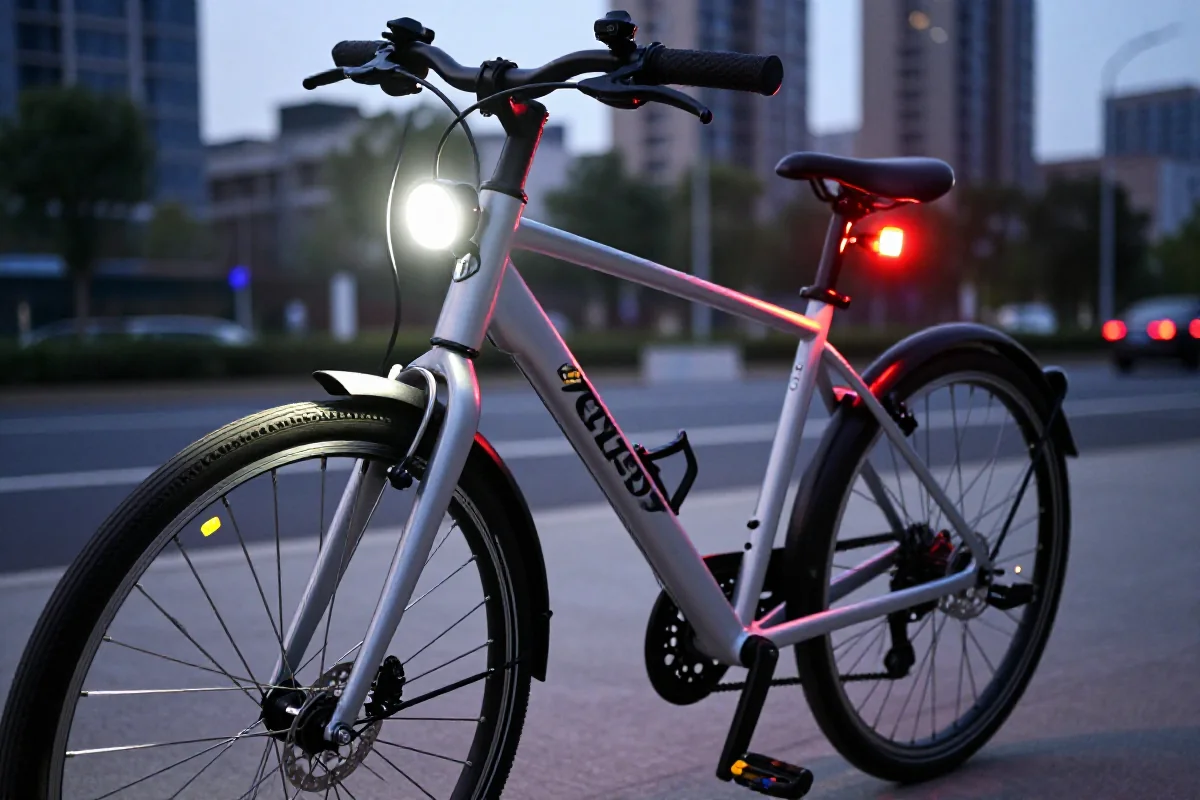 Rower miejski z oświetleniem i odblaskowymi akcesoriami w mieście.