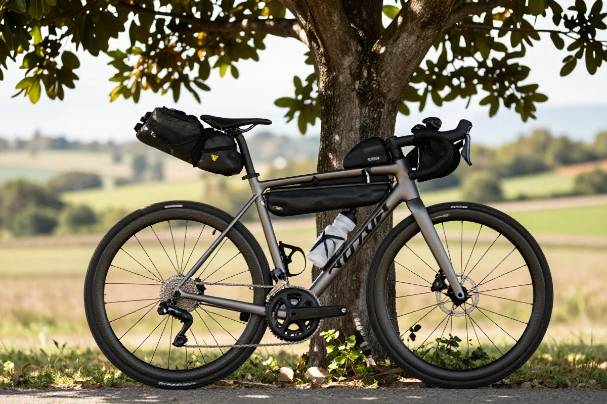 Rower szosowy z torbą na ramie w malowniczym plenerze, symbolizujący elastyczność w bikepackingu.