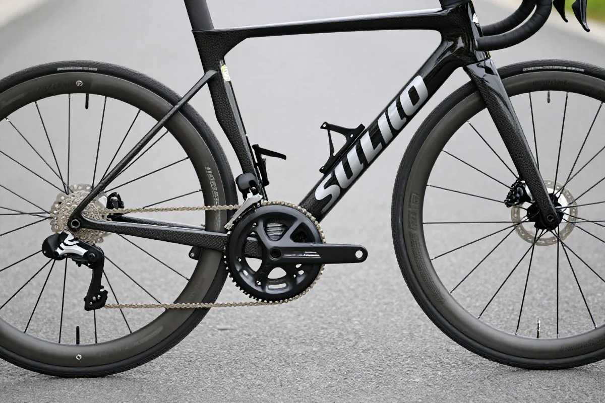 Szczegóły roweru szosowego, pokazujące ramę i komponenty w naturalnym świetle.