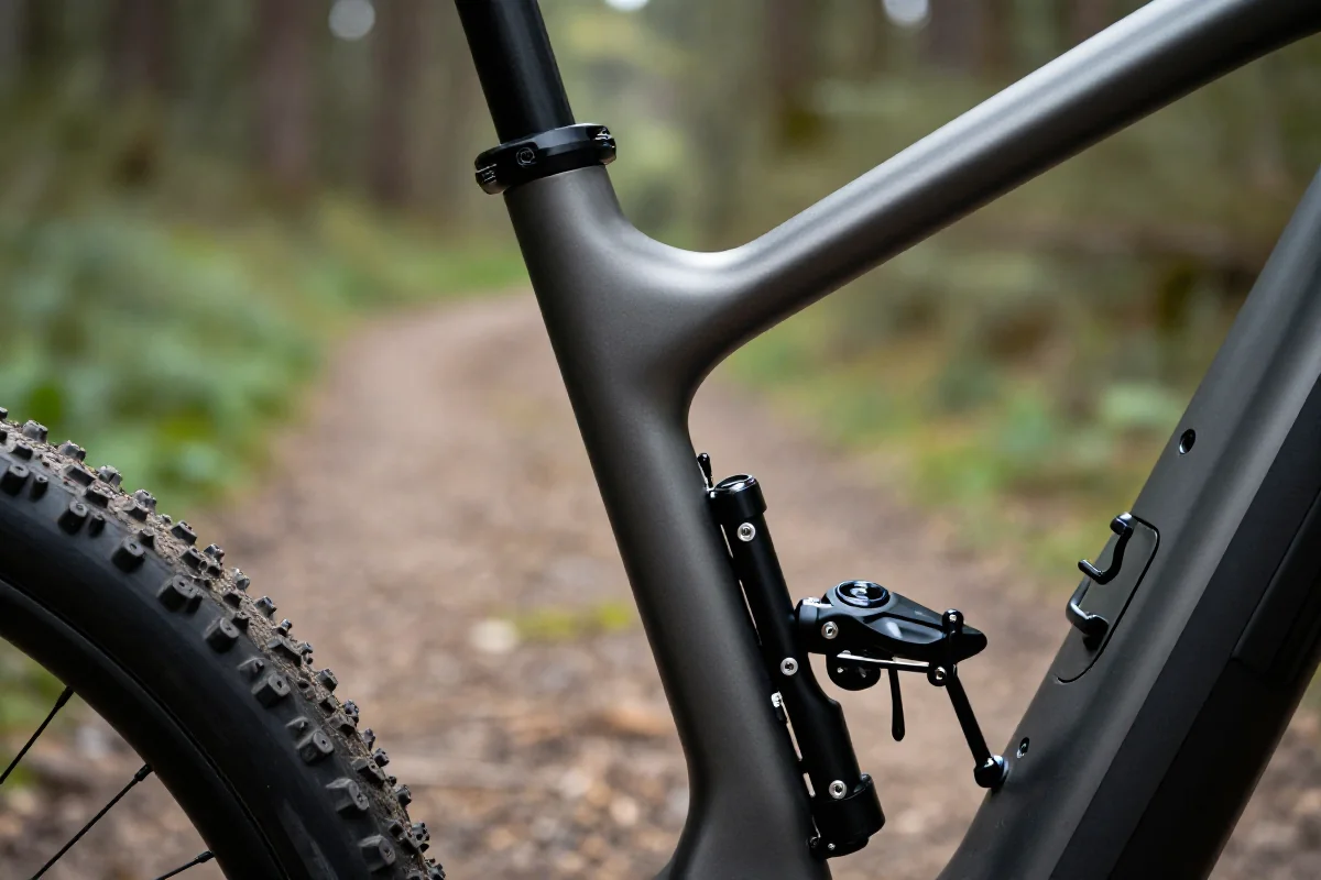 Nowoczesna sztyca dropper z technologią bezprzewodową na rowerze górskim.