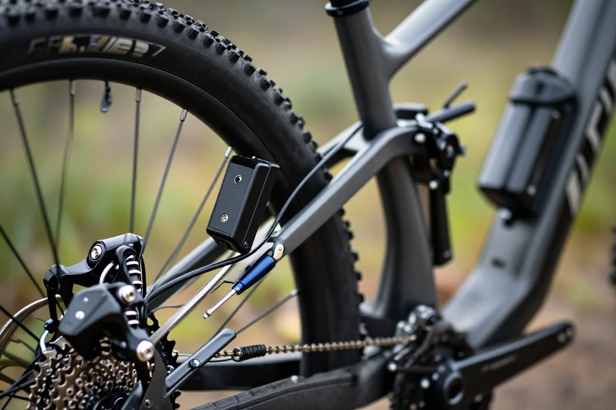 Zbliżenie na elektroniczne przerzutki MTB z elementami semi-wireless.