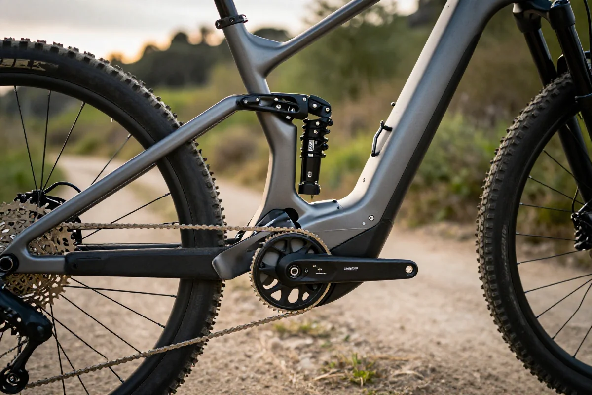 Nowoczesny rower elektryczny górski z silnikiem centralnym w naturalnym otoczeniu