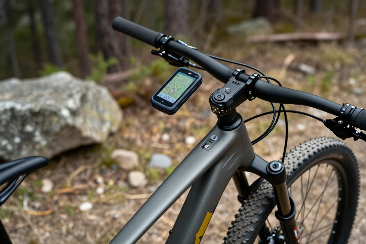 Nowoczesny rower górski z elektronicznymi urządzeniami nawigacyjnymi i pomiarowymi.