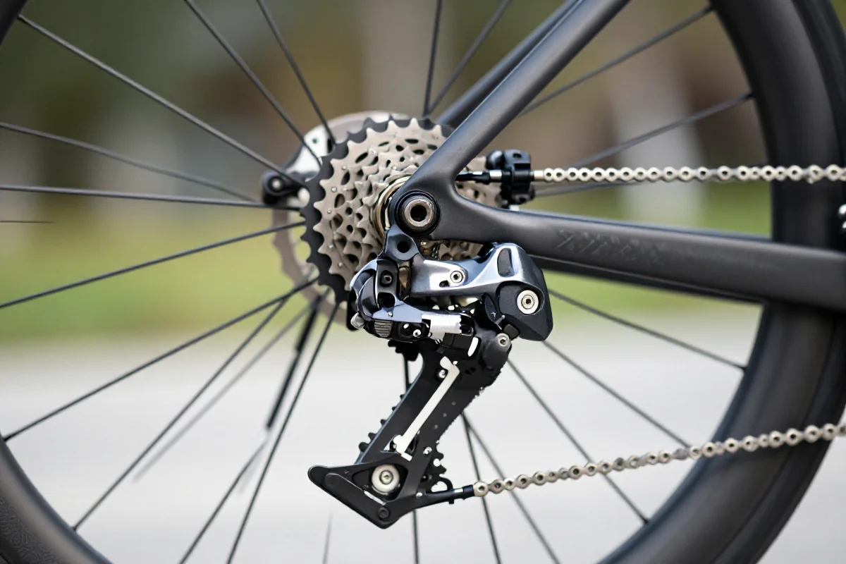 Bliska fotografia elektronicznej przerzutki rowerowej na tle nowoczesnego roweru szosowego.