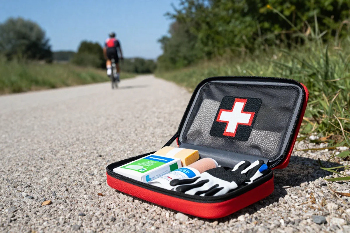 Zestaw pierwszej pomocy na ścieżce rowerowej, niezbędny dla rowerzystów.