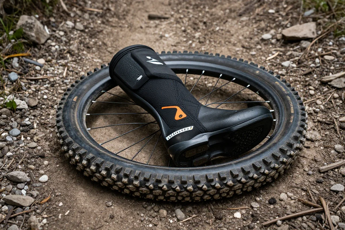 Awaryjna wkładka do opony obok uszkodzonej opony rowerowej górskiej