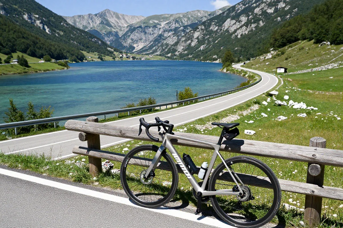 Malownicza trasa rowerowa w Bałkanach z widokiem na jezioro i góry.