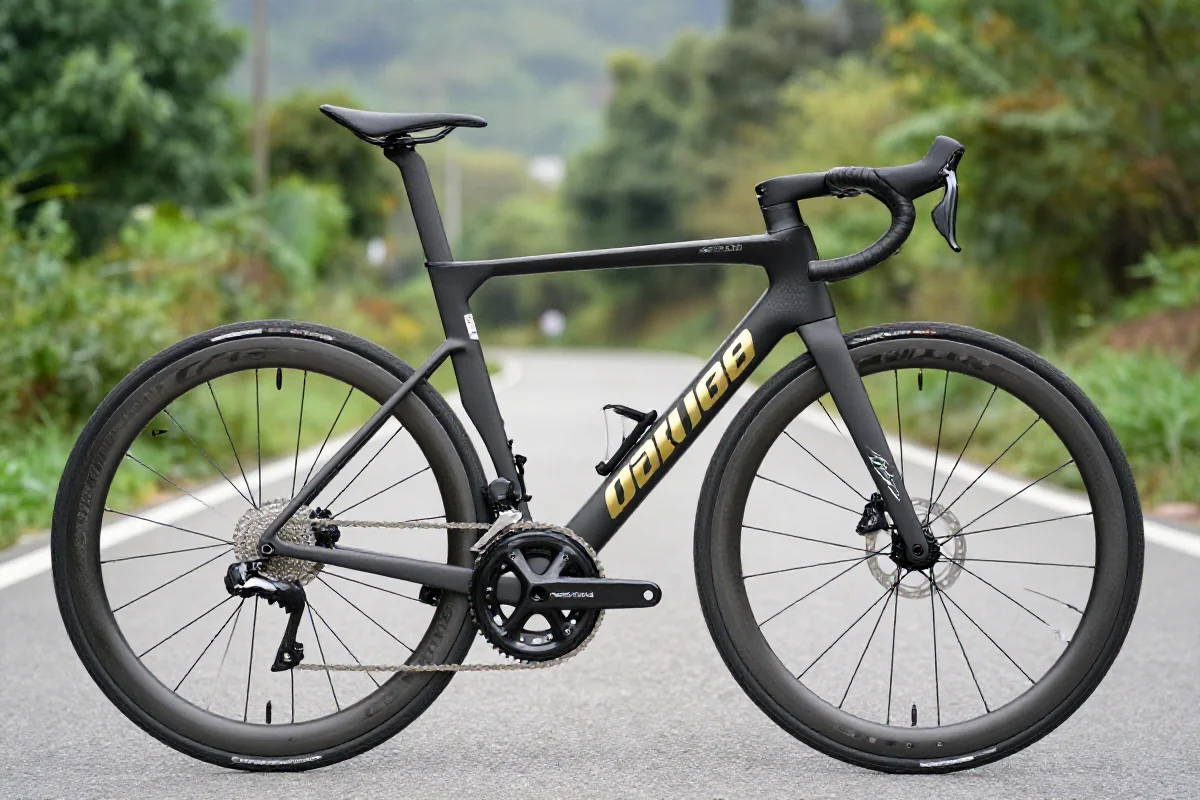 Zbliżenie na rower endurance z wyjątkową geometrią i szerokimi oponami.