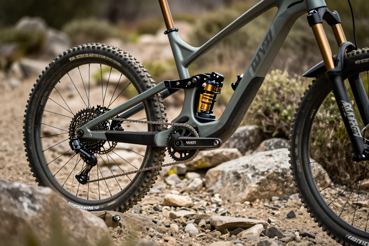 Nowoczesny rower enduro na szlaku górskim, z bliskim ujęciem detali konstrukcji.