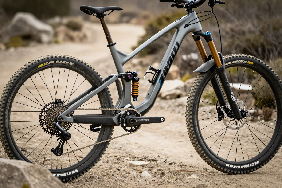 Szczegół roweru enduro na szlaku, podkreślający jego zaawansowaną konstrukcję.