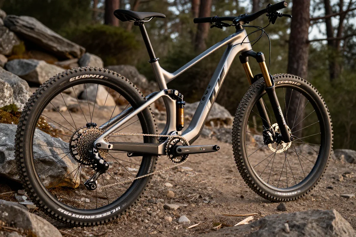 Nowoczesny rower trailowy z 130mm zawieszeniem na górskim szlaku