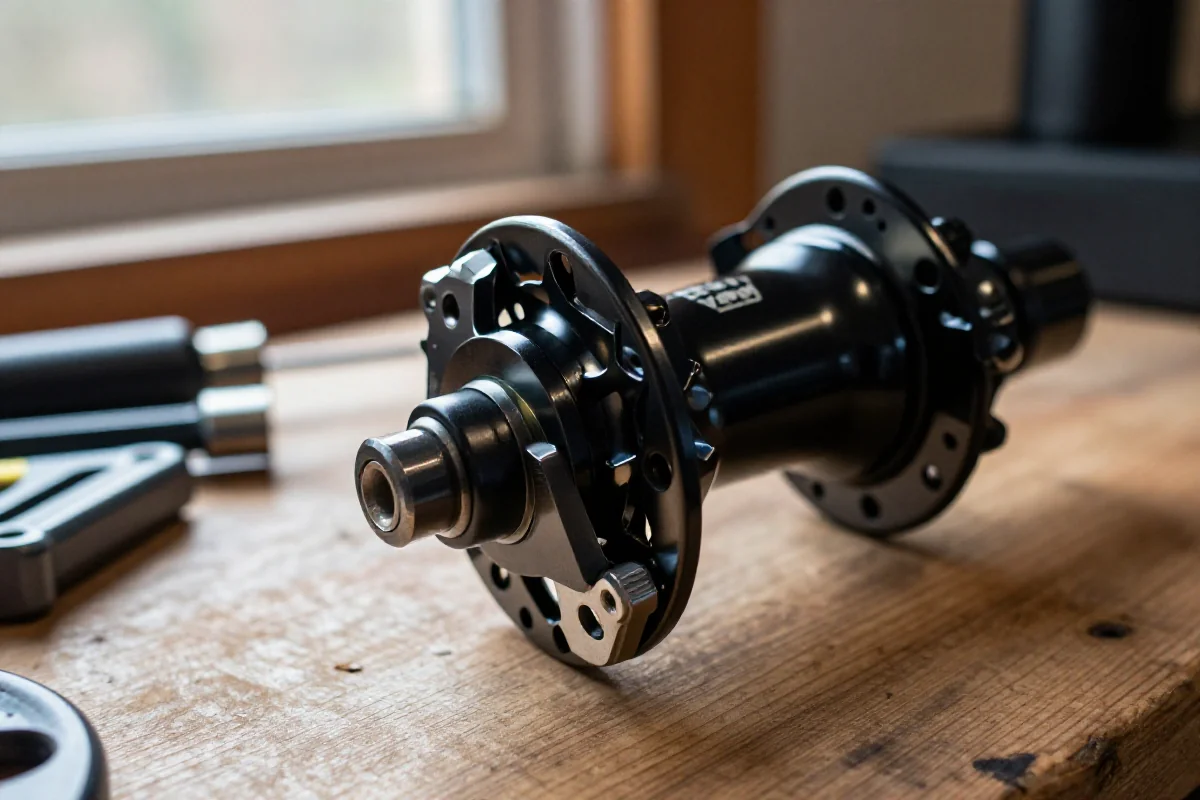 Zbliżenie na mechanizm zaangażowania piasty rowerowej MTB z zapadkami.