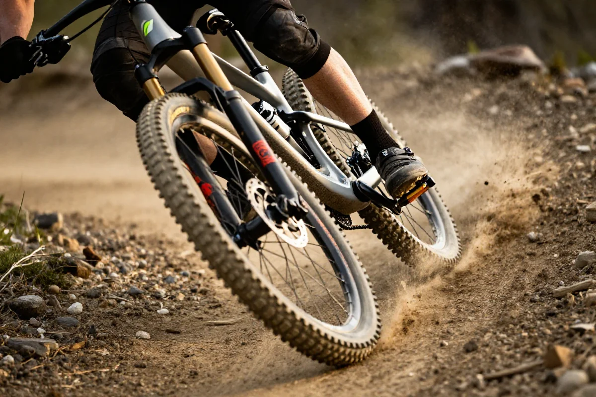 Rower górski pokonujący zakręt na trasie MTB, z widocznymi detalami technicznymi.