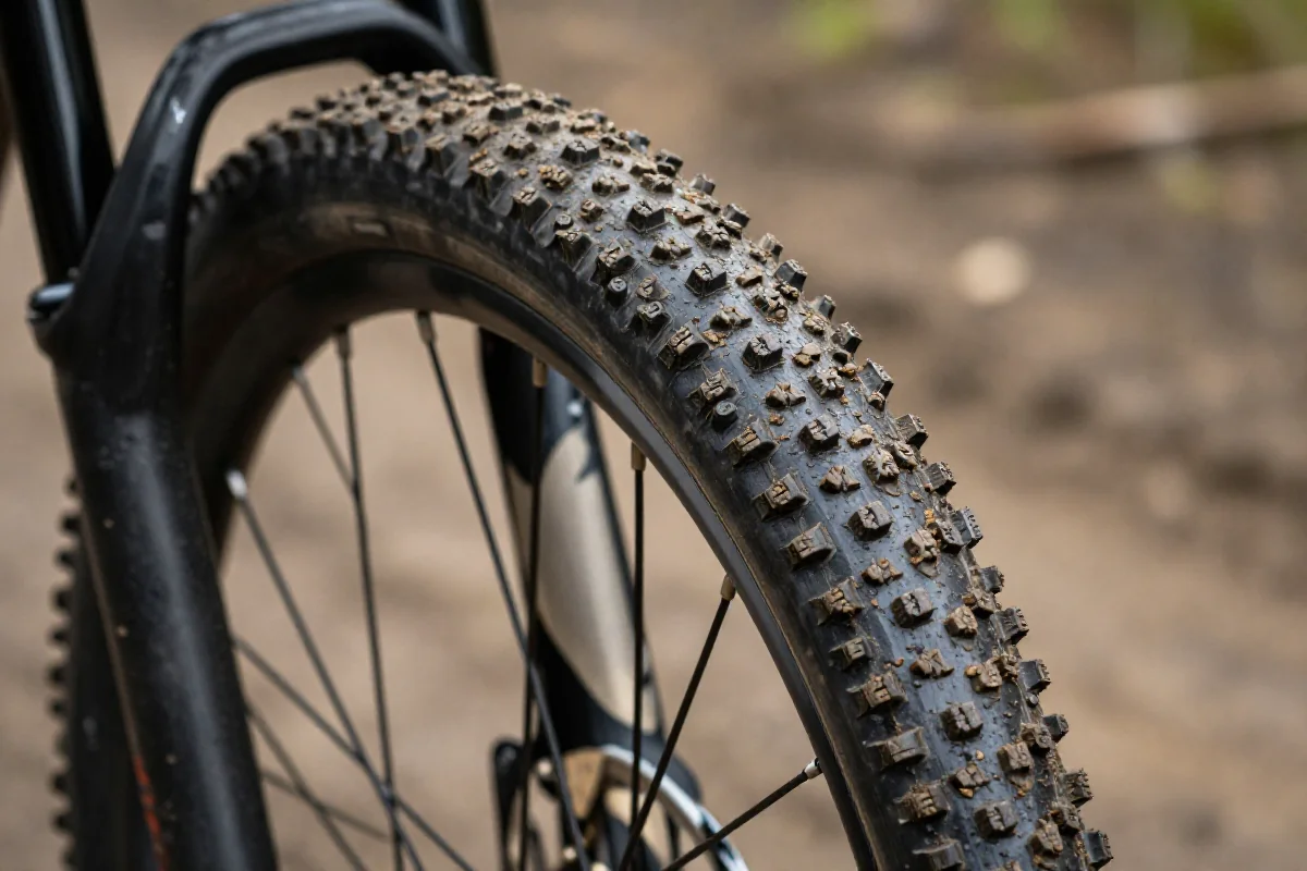 Bieżnik opony roweru górskiego na mokrej trasie MTB