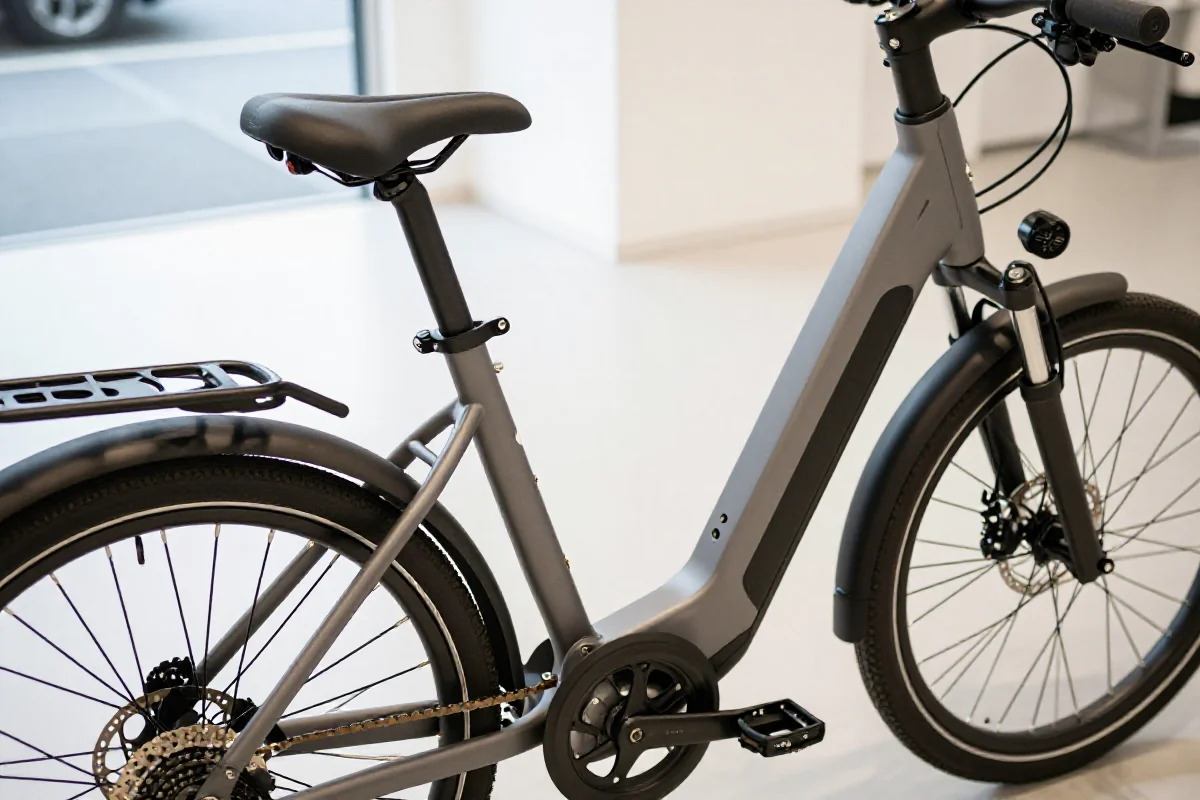 Ergonomiczne ustawienie komponentów roweru elektrycznego w dobrze oświetlonym pomieszczeniu.