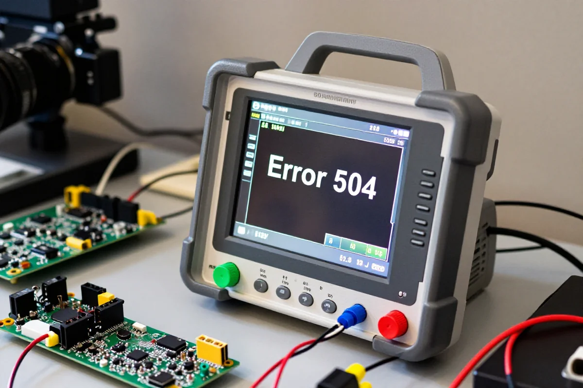 Urządzenie diagnostyczne z kodem błędu 504 na ekranie, na warsztacie.