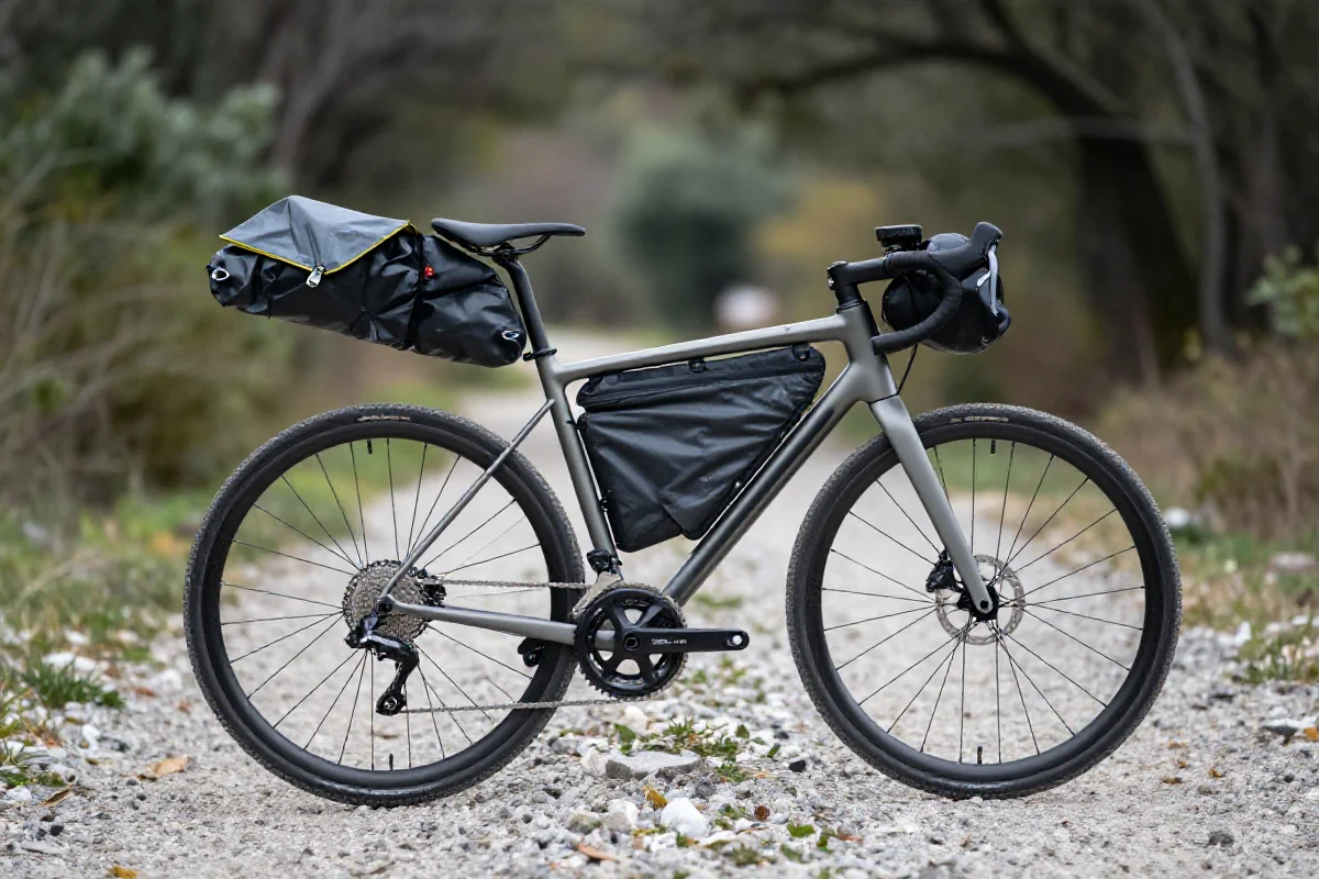 Minimalist wyposażenie rowerowe do bikepackingu w naturalnym otoczeniu.